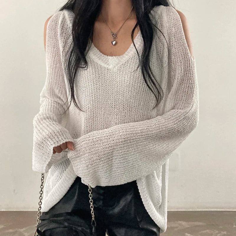 HELIAR Women Hollow Out Off Shoulder Sweater V-Neck Long Sleeve Loose Thin Jumpers Knit Streetwear Top Women 2025 Spring