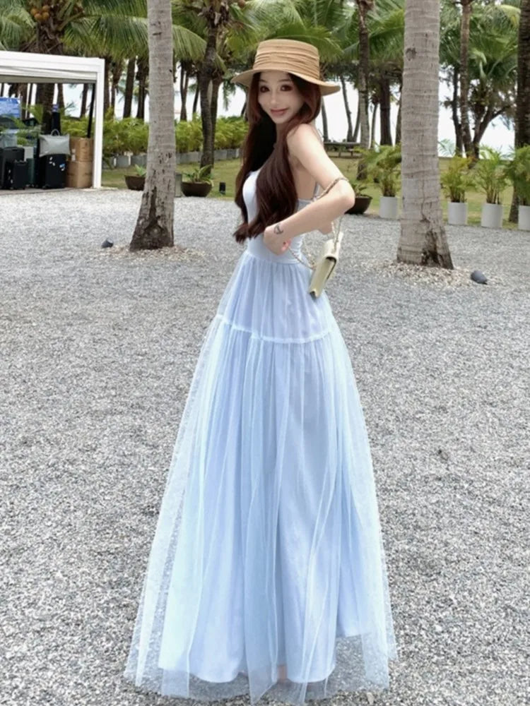 Women Sweet Beach Blue Mesh Sling Midi Dress Elegant Bow Slim Fit A-Line Long Dresses Summer Holiday Vacation Casual Outfits