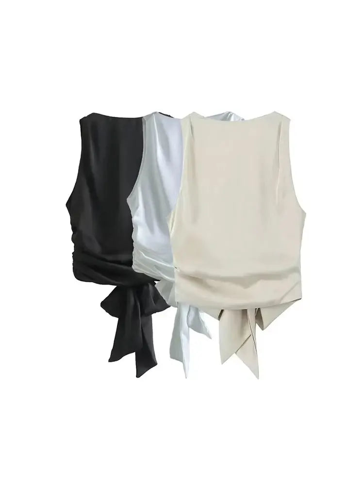 TRZA Women Sexy Fashion With Tied Satin Back Open Crop Blouses O Neck Sleeveless Female Shirts Blusas Chic Tops